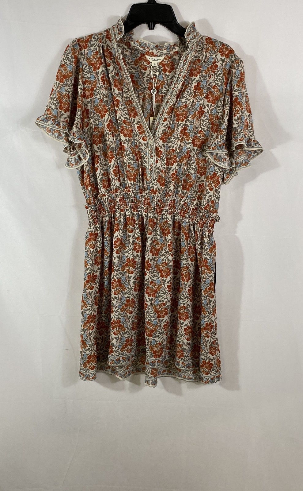 Max Studio London Women’s Rust Floral Smocked Tiered V-Neck Mini Dress NWT XL