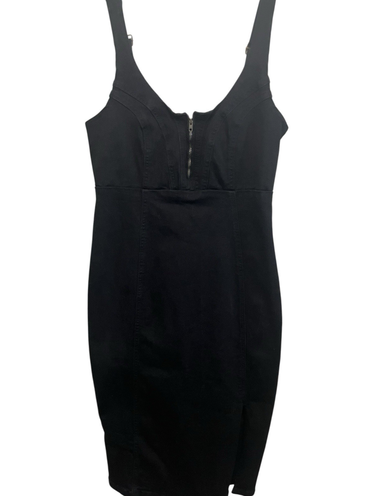 Denim Jean Mini Dress Black Buckle Straps Corset Front With Zipper Side Slit Med