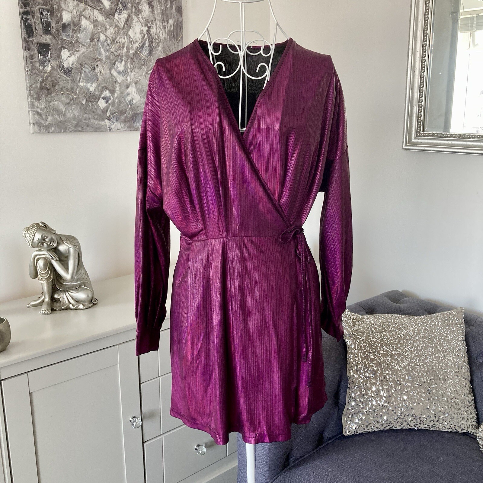 Pink Plisse Shimmery V-Neck Long Balloon Sleeve Tie Waist Wrapover Mini Dress 6