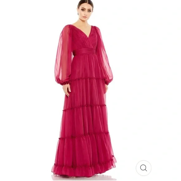Mac Duggal Berry Ruffle Tiered Long Puff Sheer Sleeve A-Line Gown Size 10 $598
