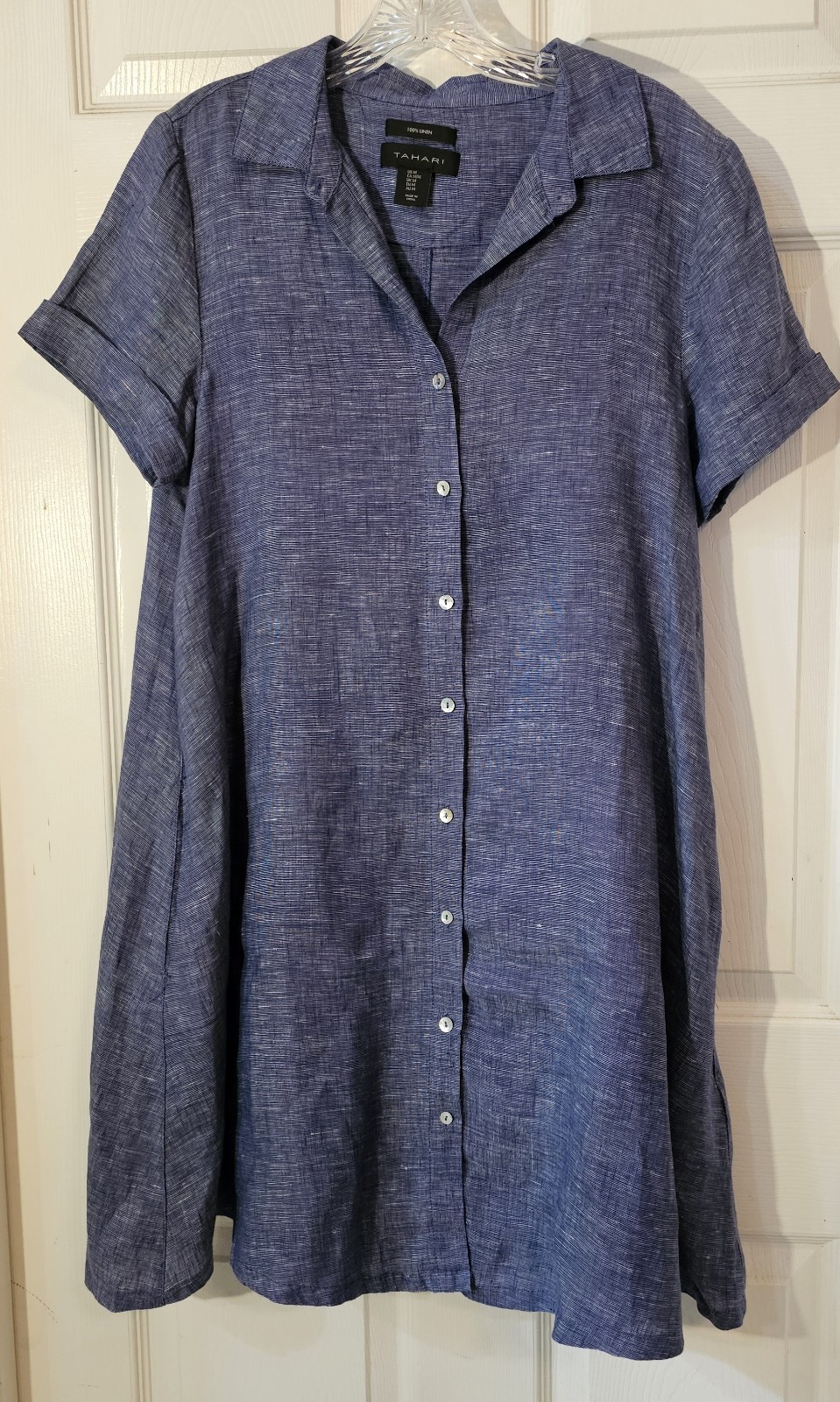 Tahari 100% LINEN Shirt Dress Womens M Blue, Missing 2 Upper Buttons Cute Dress