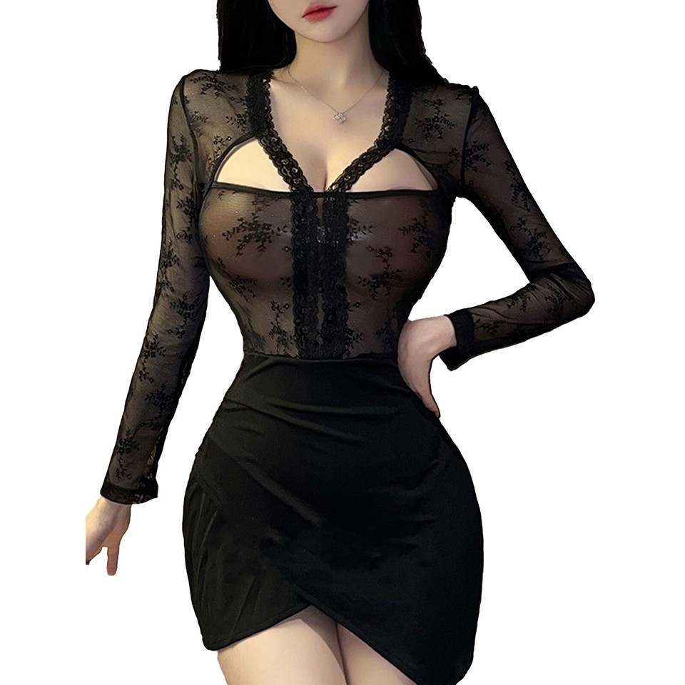 Women Sexy Lingerie Set Long Sleeve Cut Out Lace Hip Wrap Dress+Thong Night Wear