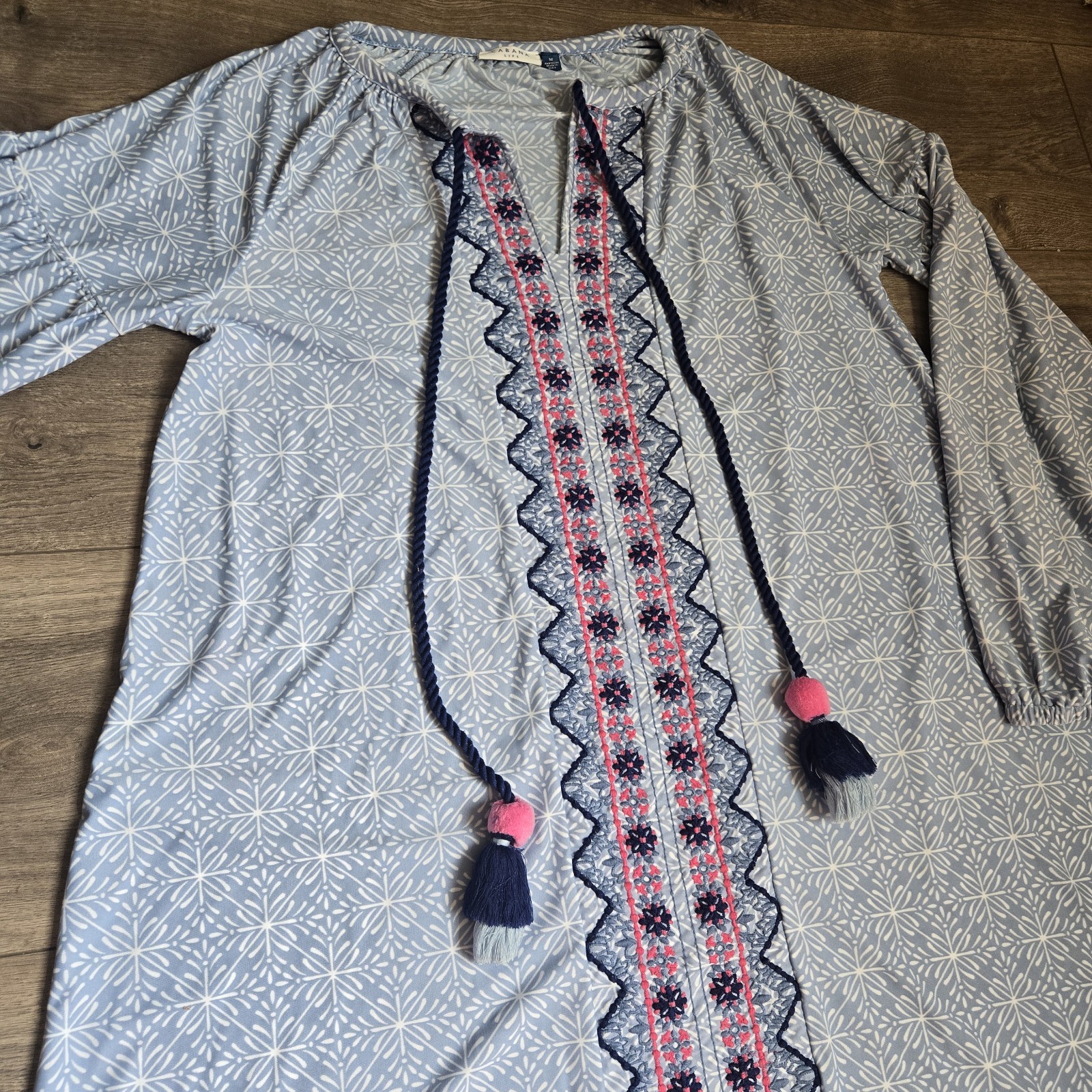 Cabana Life Embroidered Geometric Tassel UPF Dress Cover-Up Blue Pink Medium M
