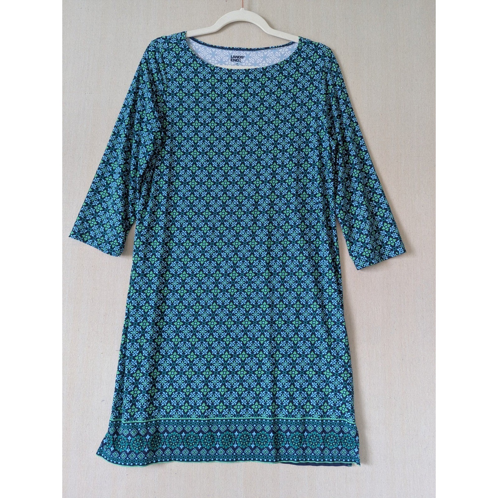 Lands’ End Blue Green Geometric Floral 3/4 Sleeve Boatneck Cover Up Dress Size M