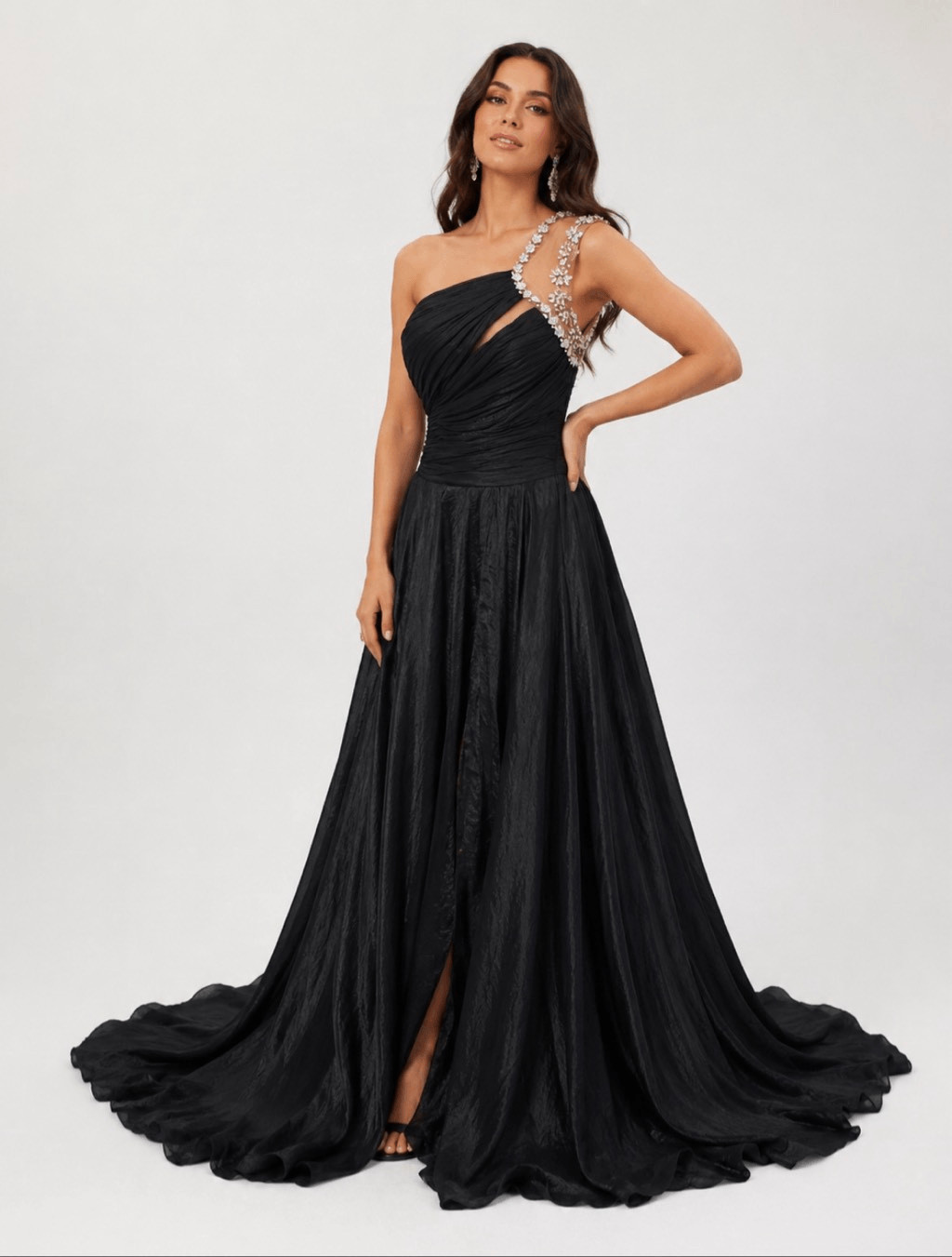 Tarik Ediz Black Crystal One Shoulder Gown EU 42 US 10 Formal Dress