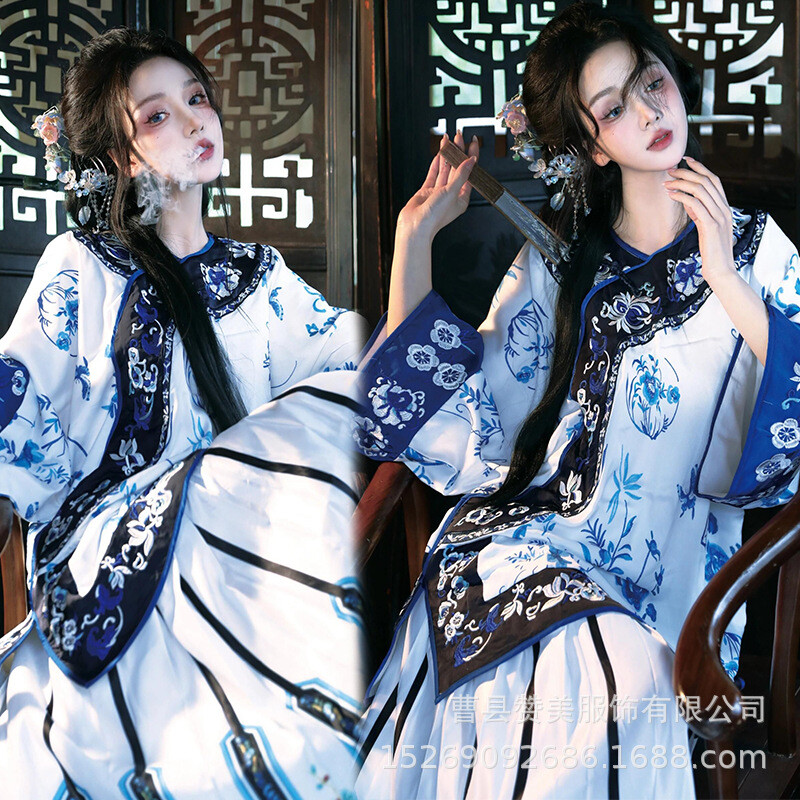2Pc Set Women Retro Chinese Qing Dynasty Costumes Dress Embroidery Hanfu Dress