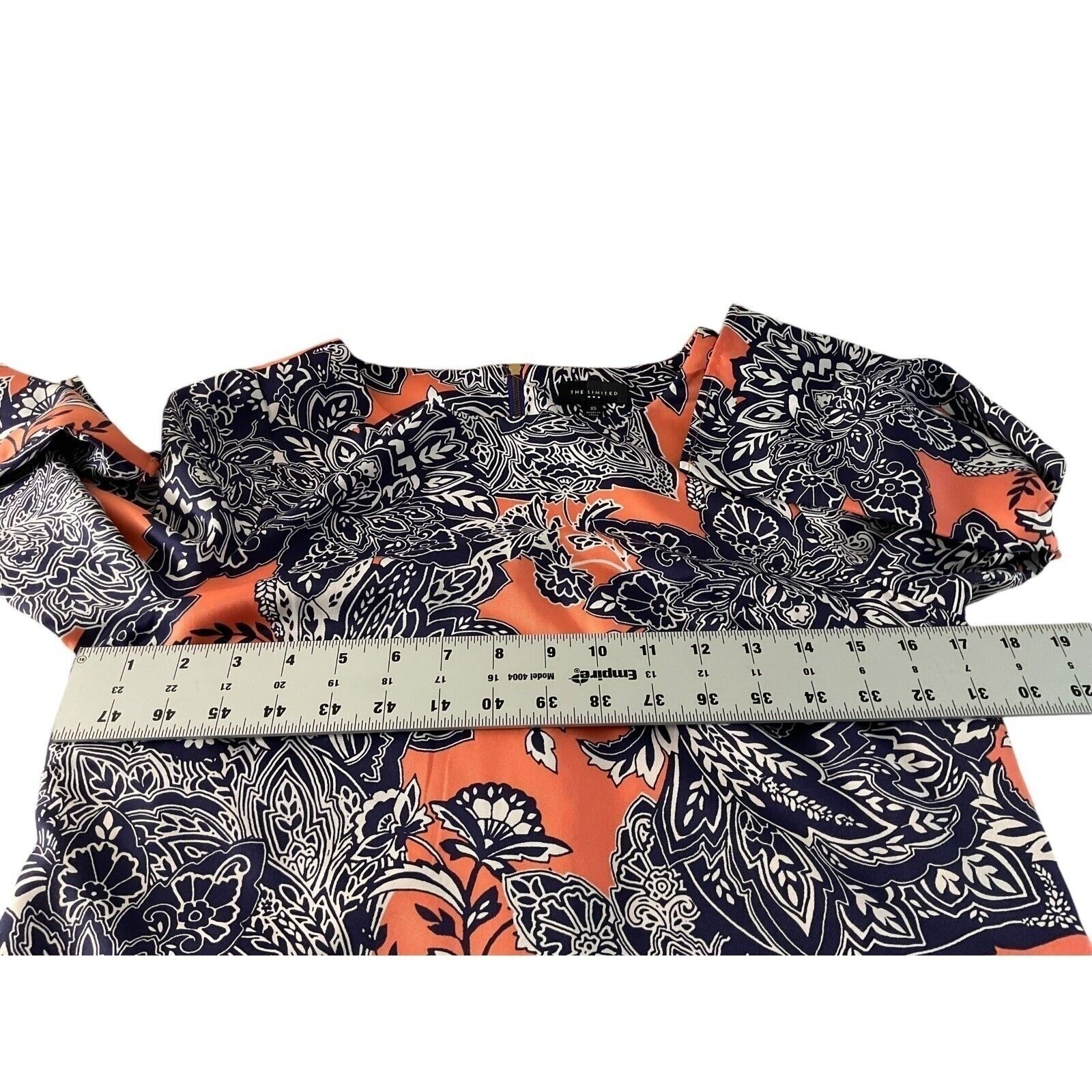 The Limited Womens Paisley Floral Shift Dress 3/4 Sleeve Coral Navy Blue XS
