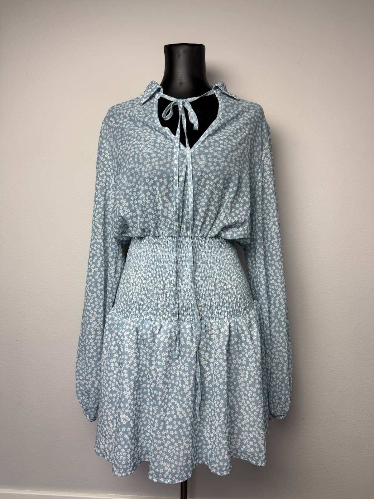 Women’s Blue Floral Long Sleeve V-Neck Mini Dress Size Large Smocked Waist