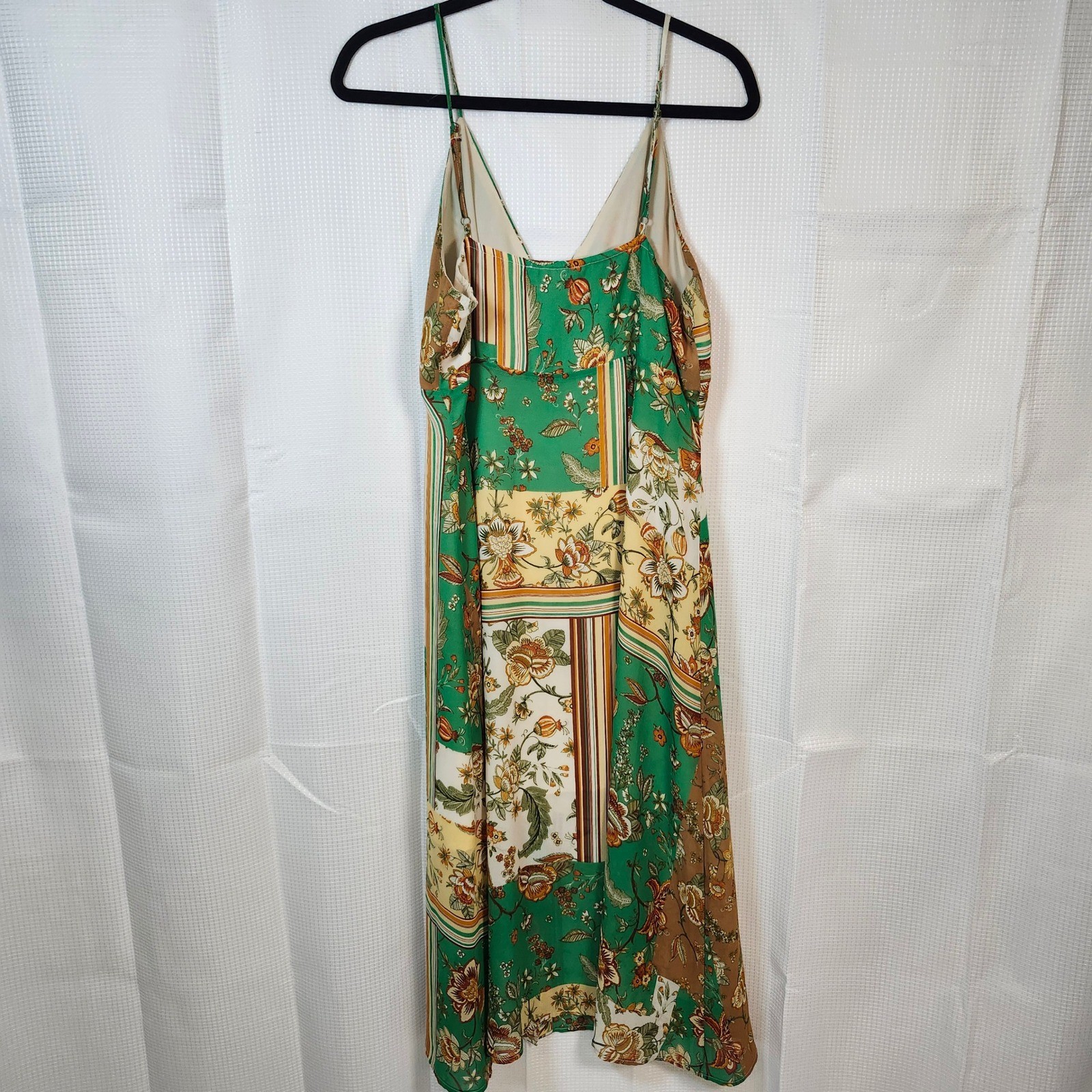 Moon River Floral Patchwork Midi Dress Green Tan Cream Boho Button Front Large
