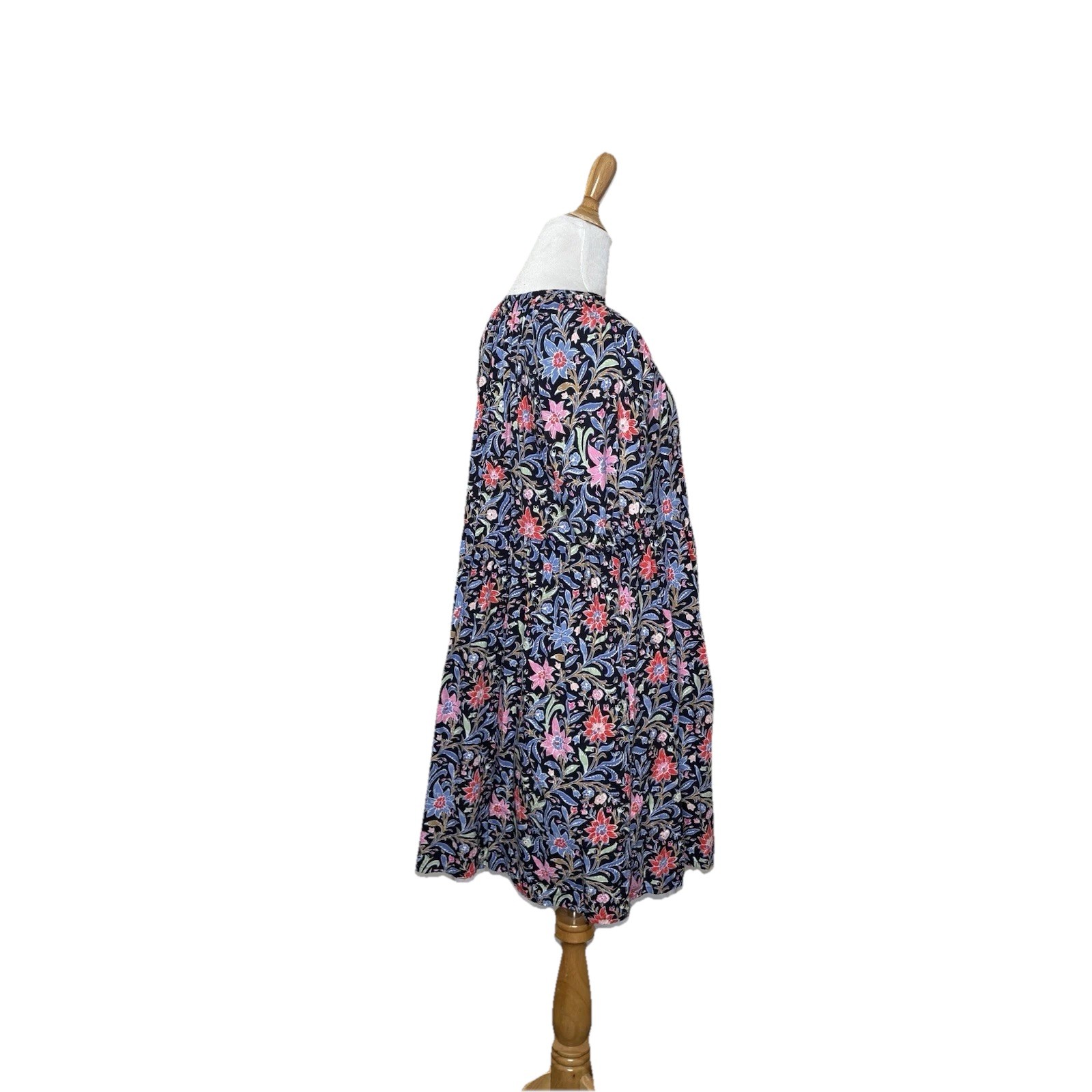 Loft Spring Red Pink Bloom Black Button Front Swing V Neck Dress Size Medium