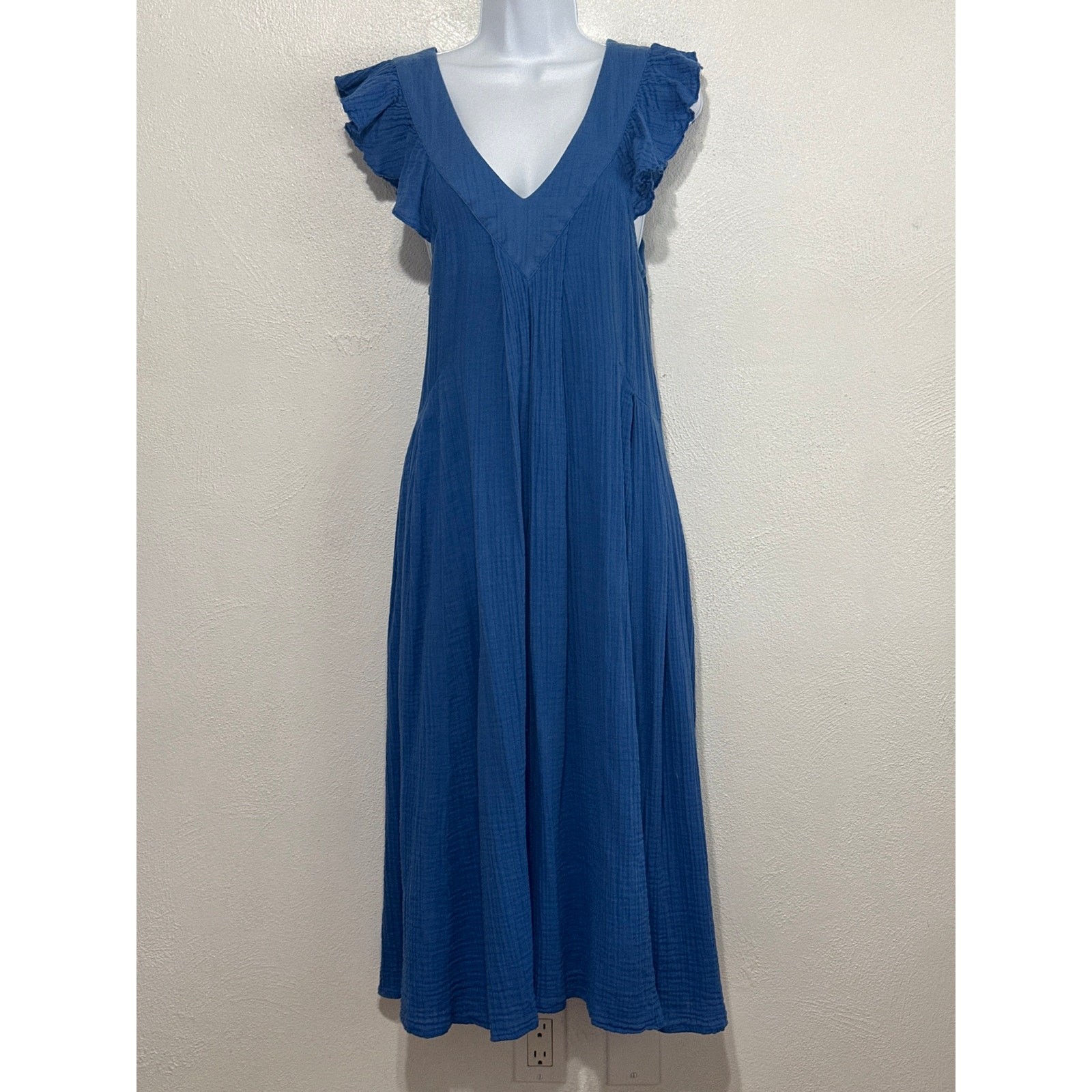 Mille Double Gauze Resort Wear Midi Ruffle Sleeve Dress M Royal Blue Vacation