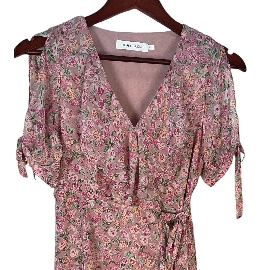 FLORET STUDIOS Ruffle Side Tie Wrap Midi Dress in Mauve Pink Size XS NWOT