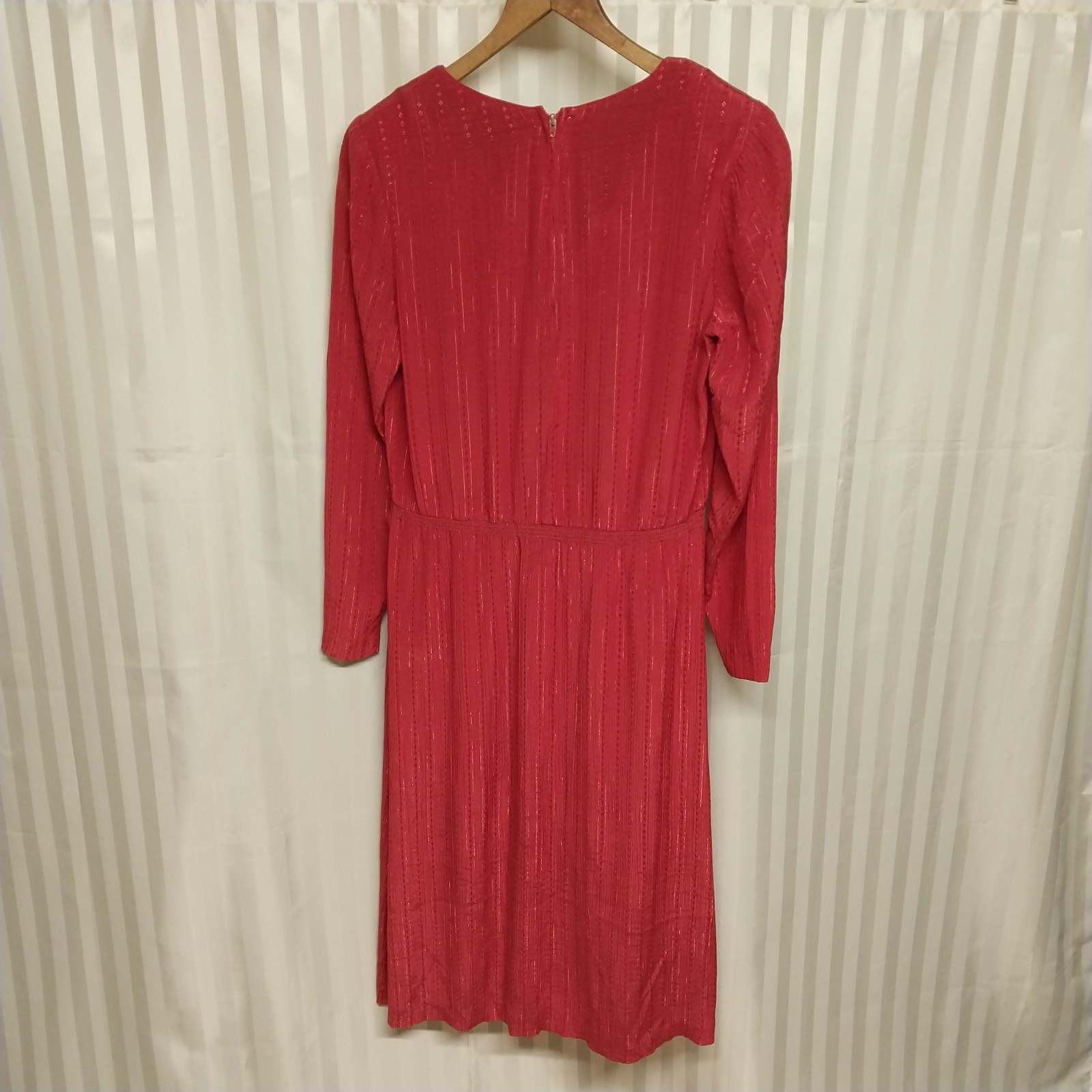 Vintage 1980s Red Plum Stripe Embroidered Midi Secretary Dress V Neck Size Small