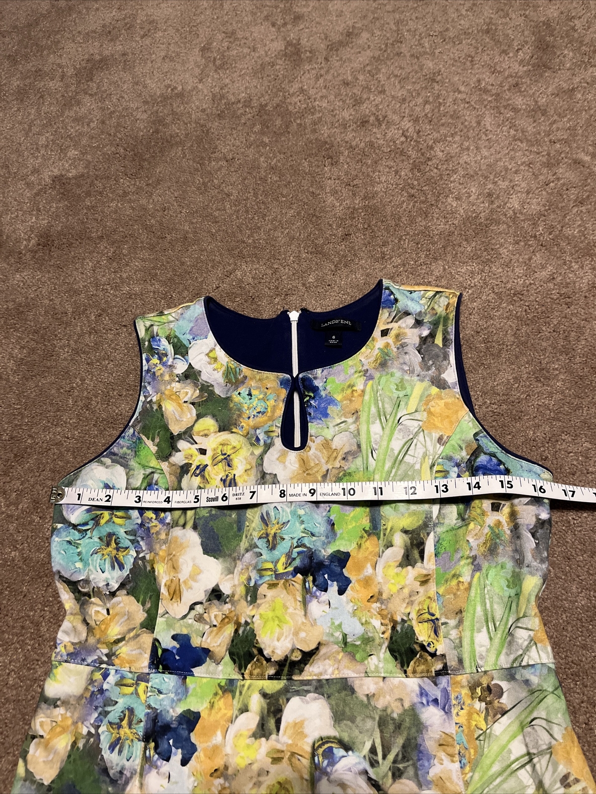Womens Lands End Blue Yellow Green Floral Sheath Dress Size 6 Sleeveless