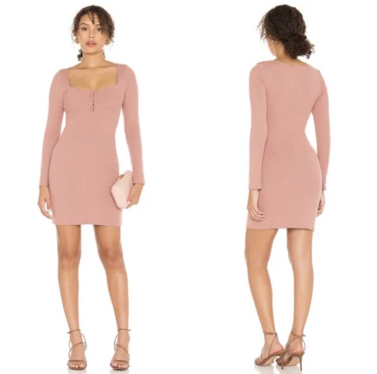 NEW ASTR Blush RIBBED Long Sleeve HOOK & EYE FRONT Bustier Bust BODYCON DRESS M