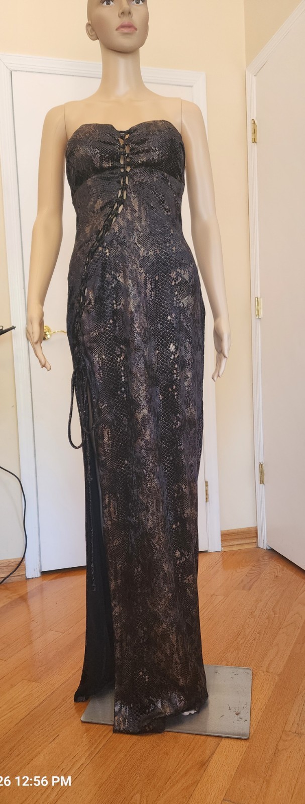 Windsor Strapless Faux-Snakeskin Maxi Dress in Brown And Gold