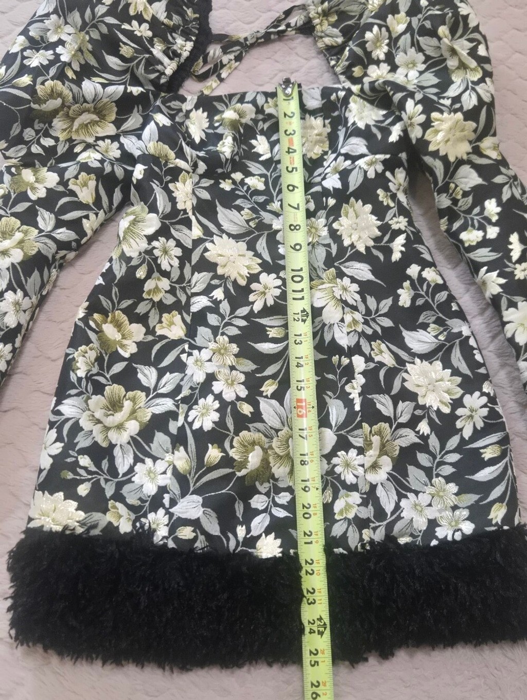 Miss Selfridge Green & Black Floral Jacquard Black Faux-Fur Fringe Dress, Size 4