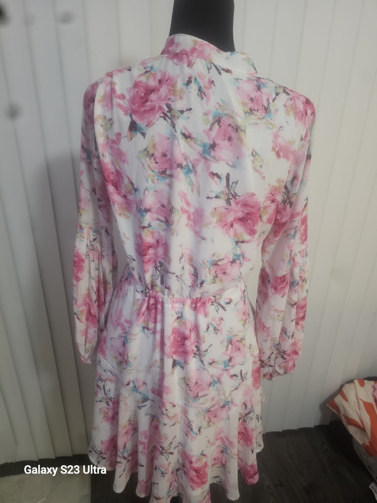 AlvaQ Pink White Floral Collared Button Front Drawstring Mini Dress L