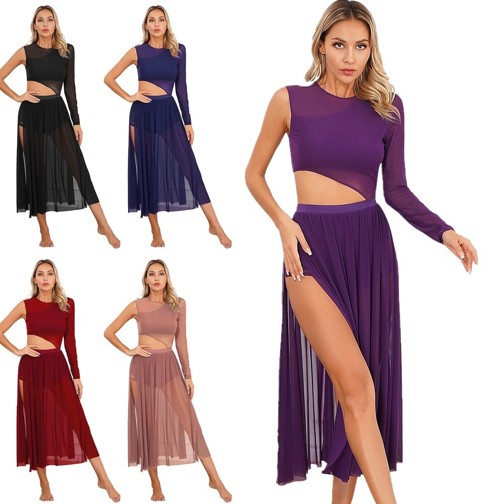 Womens Lyrical Dance Costume Side Split Figure Skating Dresses Round Neck