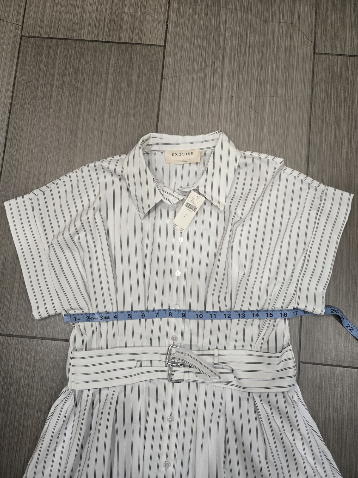 Anthropologie Exquise Large Tobie Double Buckle Pleated Shirt Dress White Black