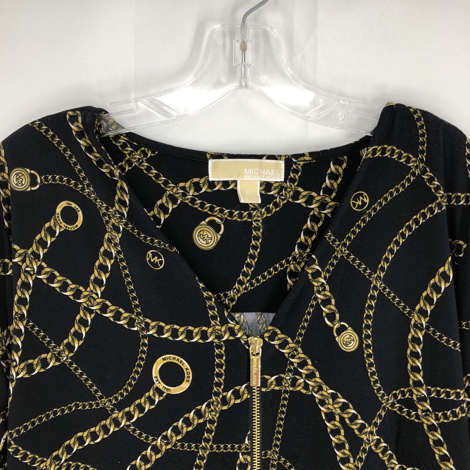 MICHAEL KORS Black/Gold Chains Print Roll Tab Sleeve Dress Size XL