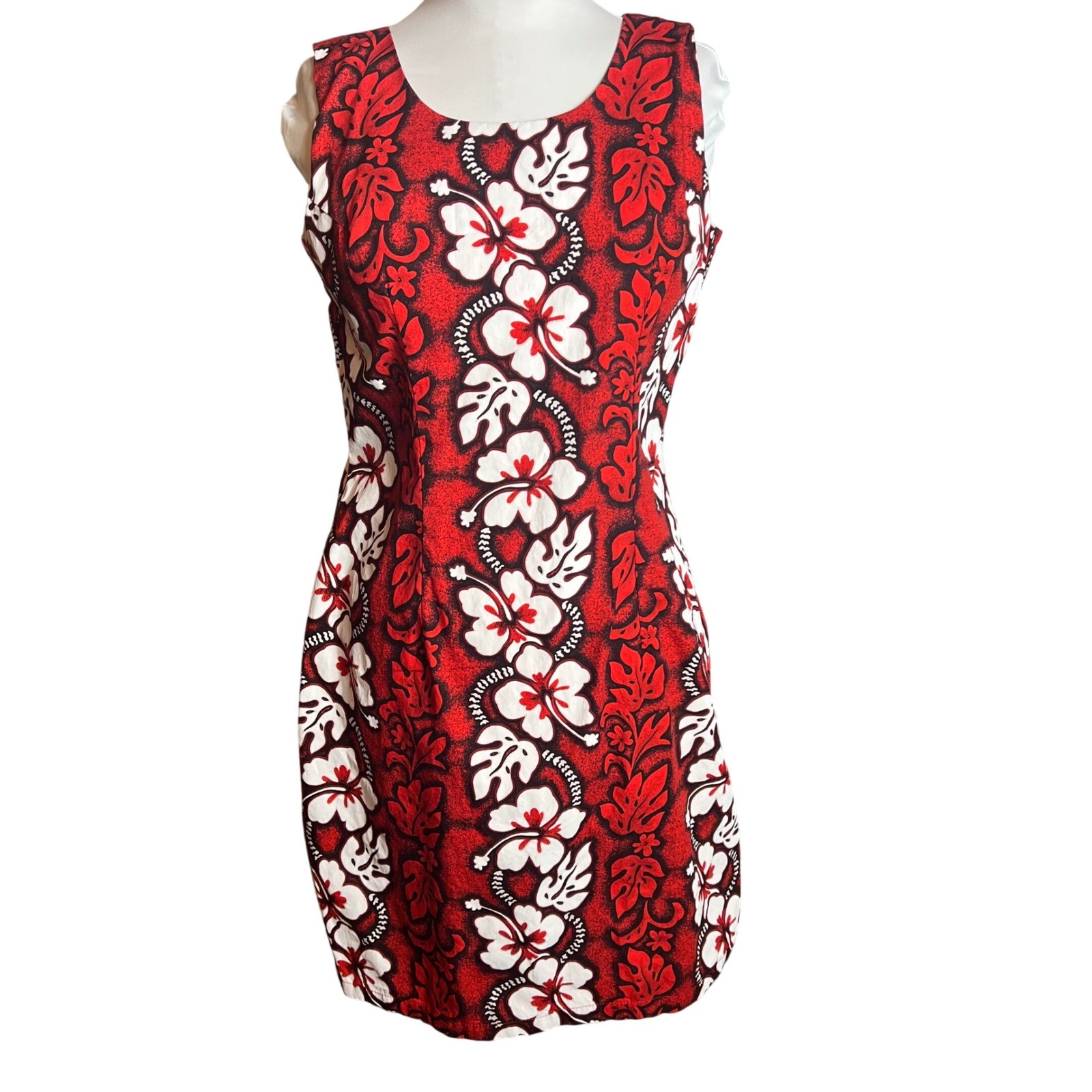 KY’S Made in Hawaii Red Hibiscus Floral Cotton Sleeveless Shift Dress Womens L