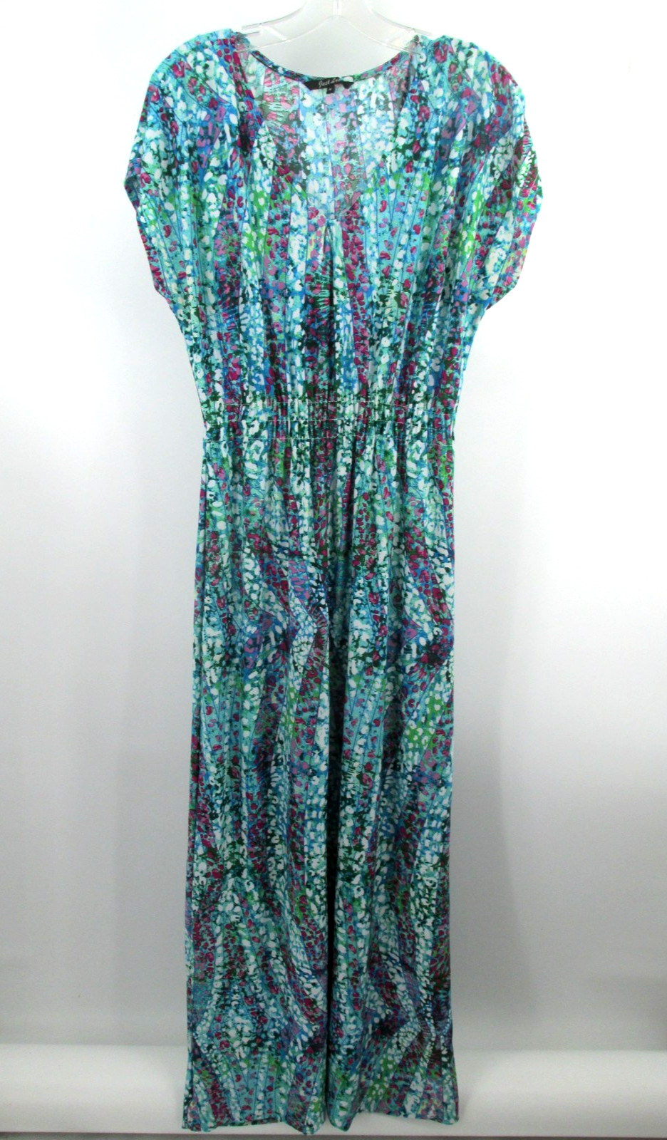 JUST LOVE Maxi Dress Women M Multicolor Mosaic Hippie Bohemian Light V-Neck 58″L