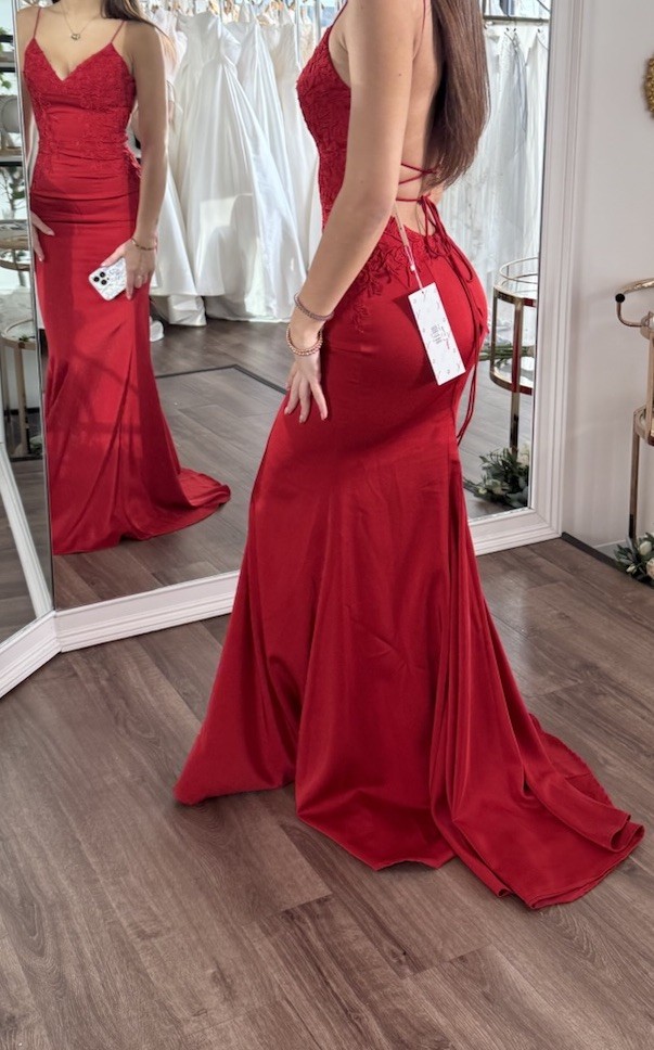 Red Satin Lace Strappy Backless Long Gown Dress V-Neck Formal Prom Sleeveless
