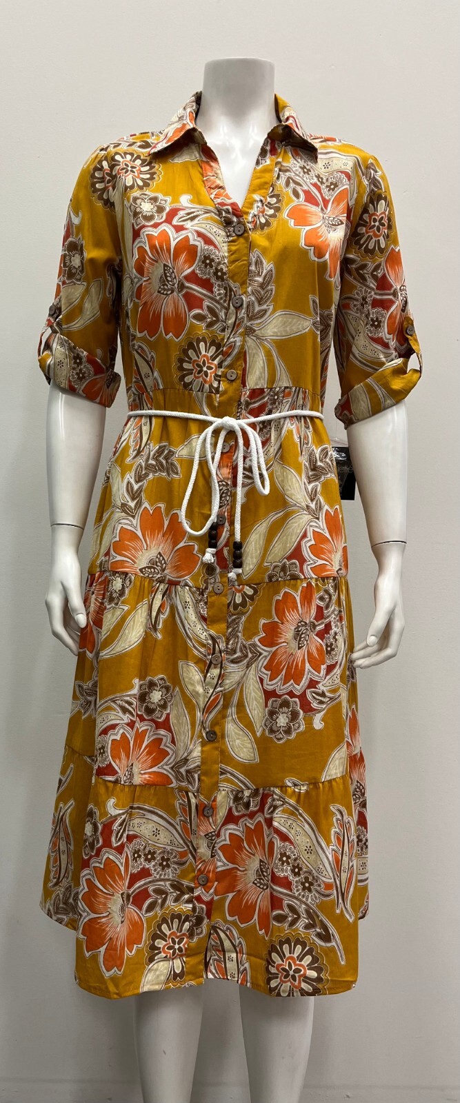 Mlle Gabrielle cotton floral 3/4 roll tab sleeve Dress button down belted