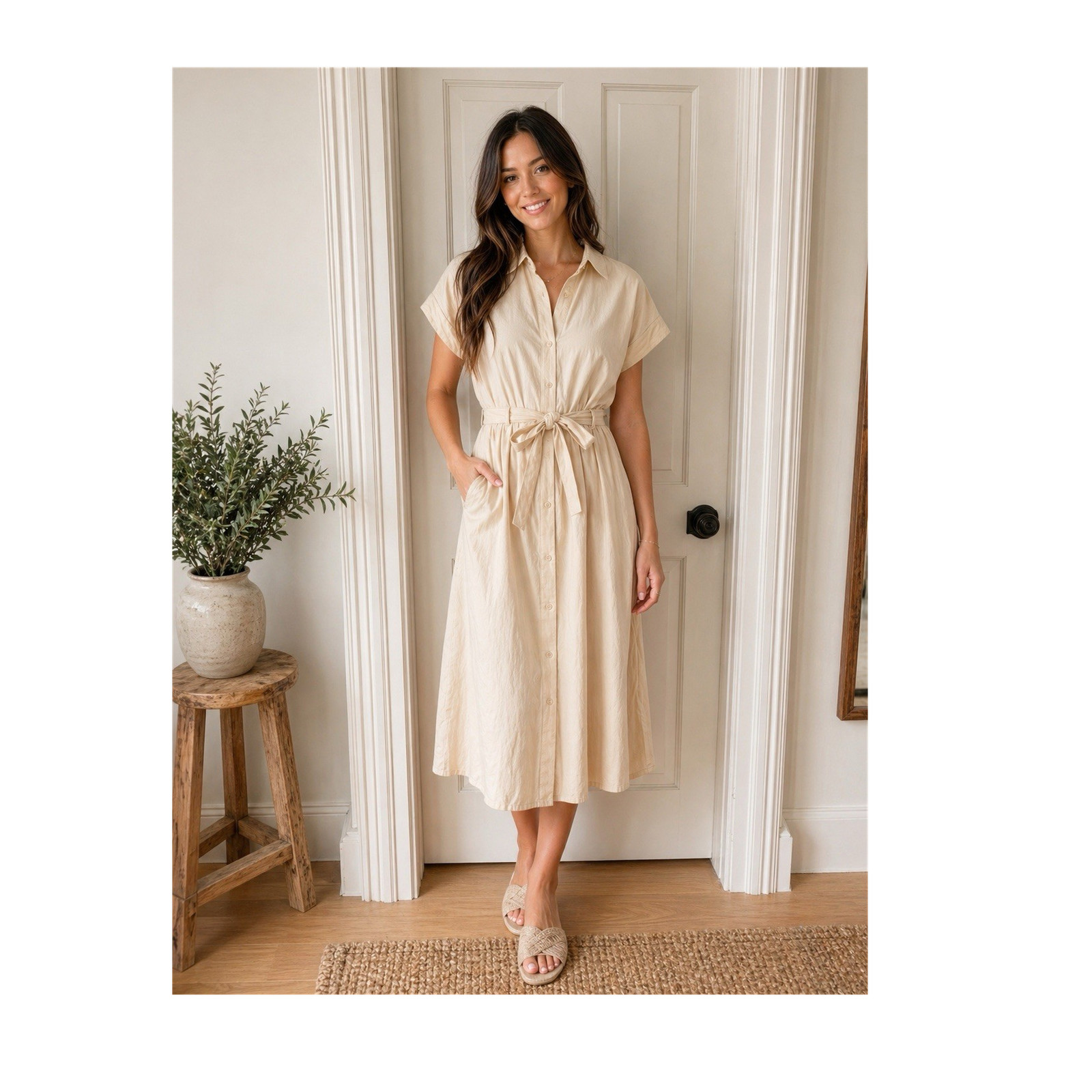 Polagram Beige Belted Shirt Dress Collared Cap Sleeve Midi M