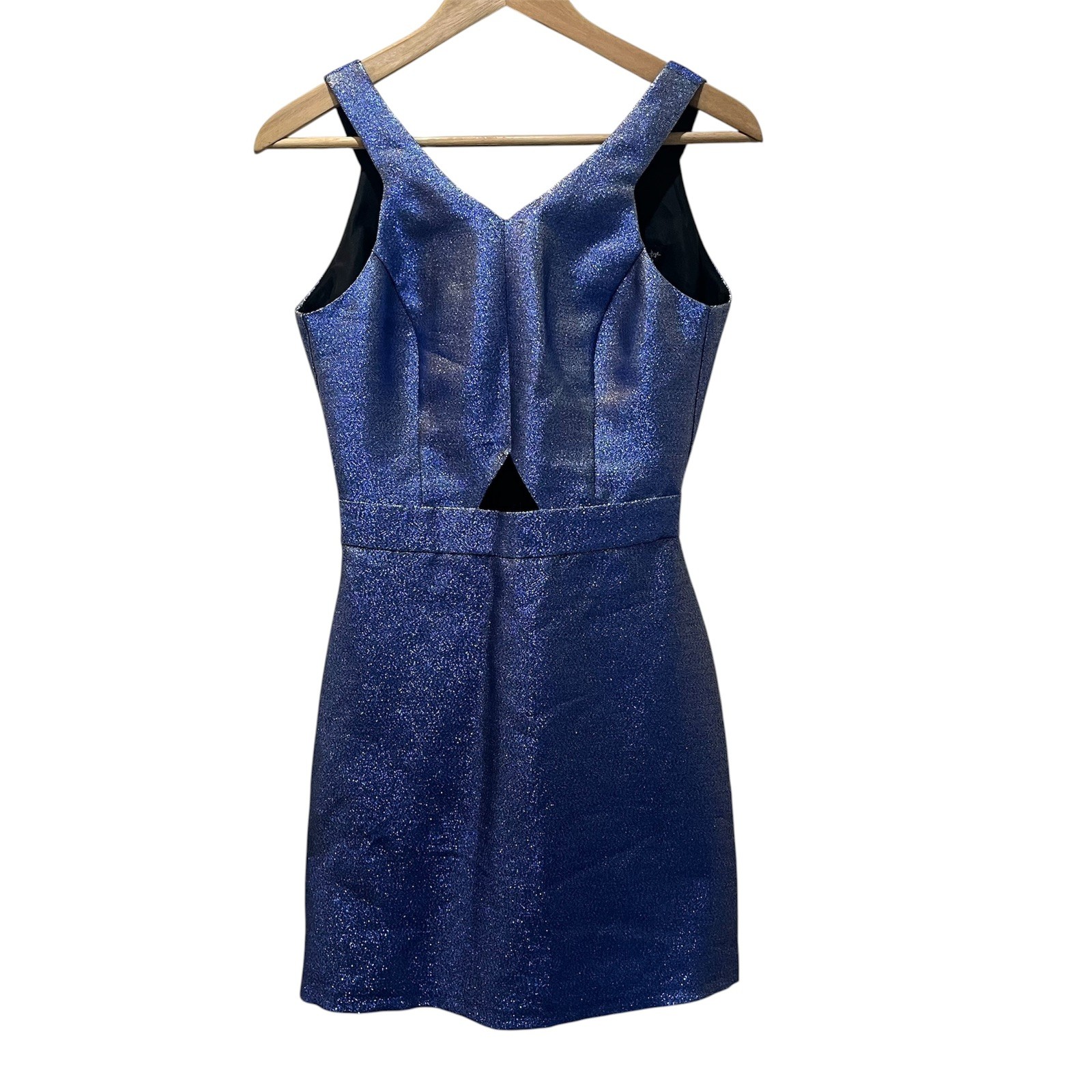 MISS SELFRIDGE – Size 6 UK – BLUE METALLISED SPARKLY cut out DRESS rrp was £55