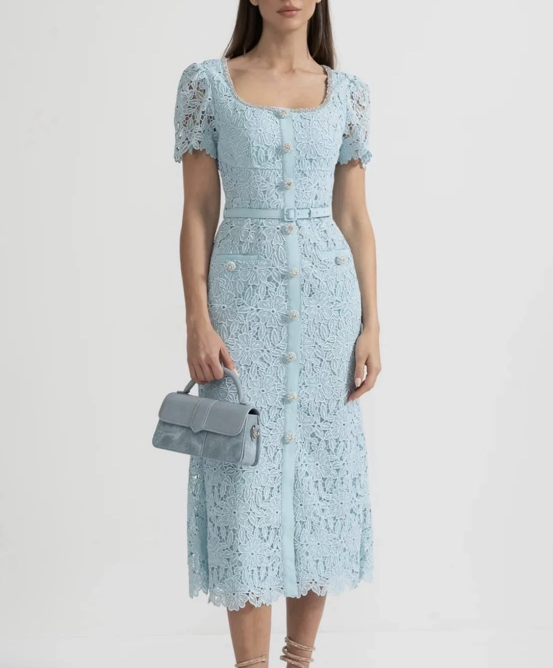 Sierra Darien Women’s Blue Floral Lace Square Neck Button Belted Midi S