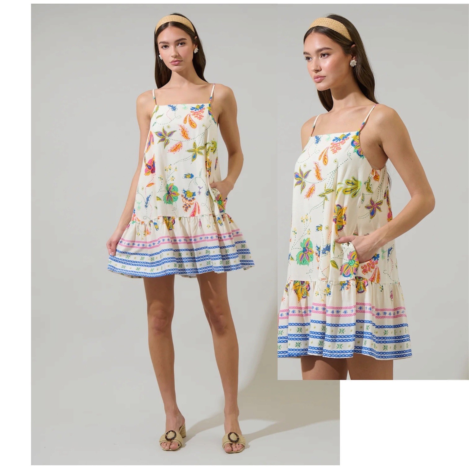 Sugarlips Floral Print Mini Dress Cream Multi Rayon Linen Blend Size M