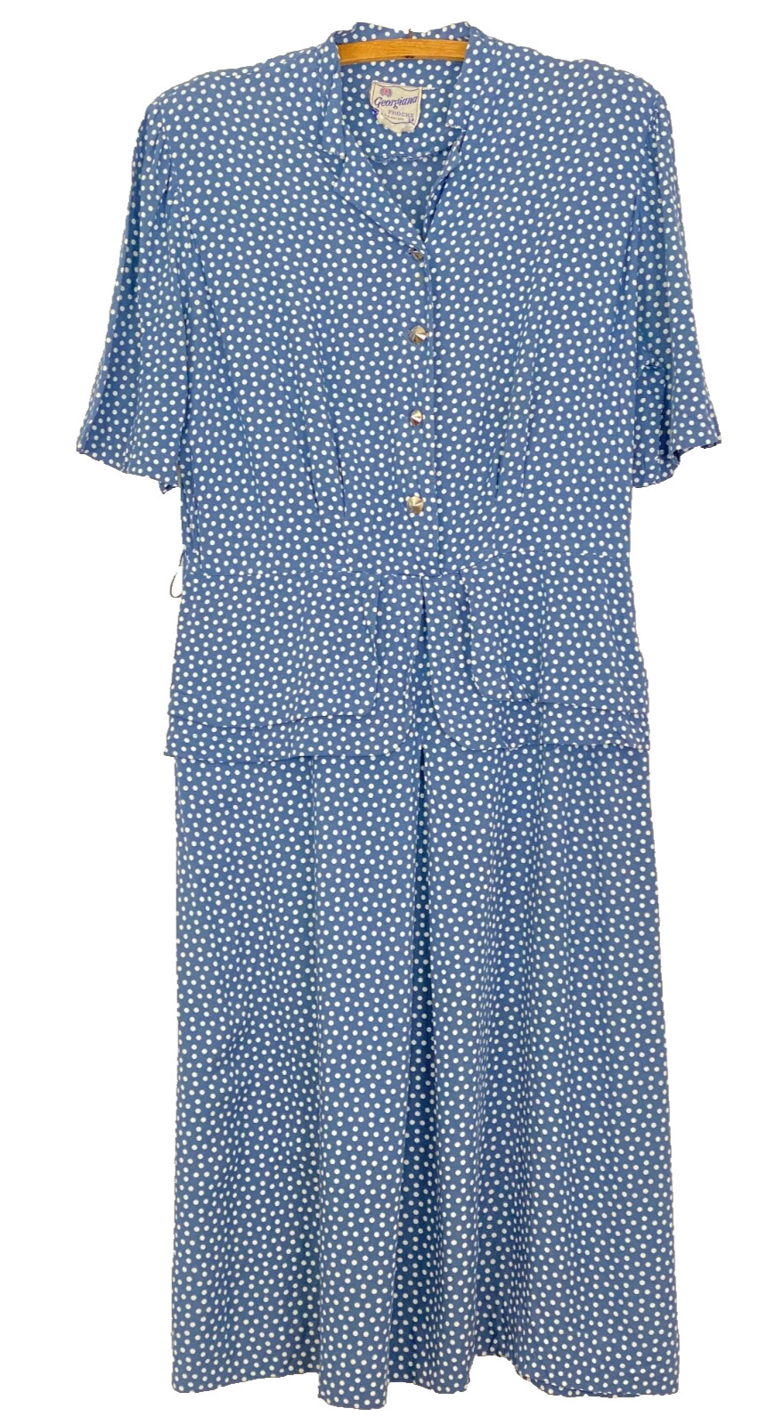 Vintage 1940s blue polka dot dress, white short sleeve peplum rayon midi 38 M L