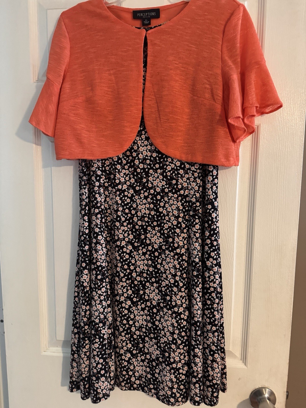 Perceptions Petite PL Black Pink Floral Knee Dress w Orange Shrug