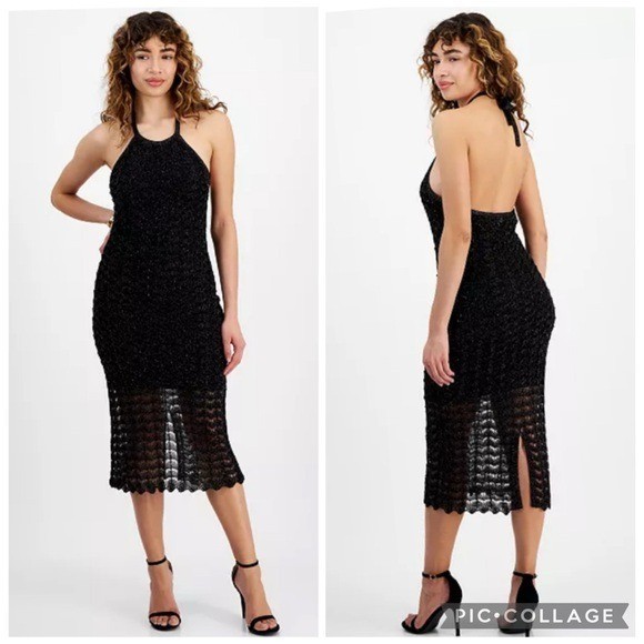 Guess Alina Lurex Halter Neck Crochet Midi Dress Black Metallic M