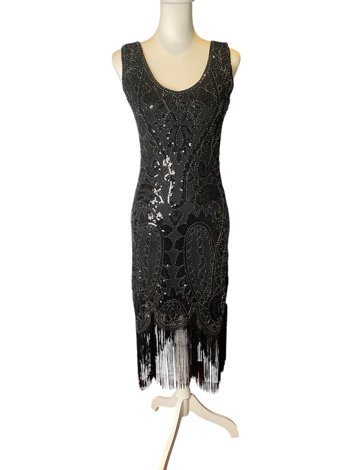 Fundaisy Gatsby Flapper Fringe Black Beaded Sequin Midi Dress, Size S, Glam