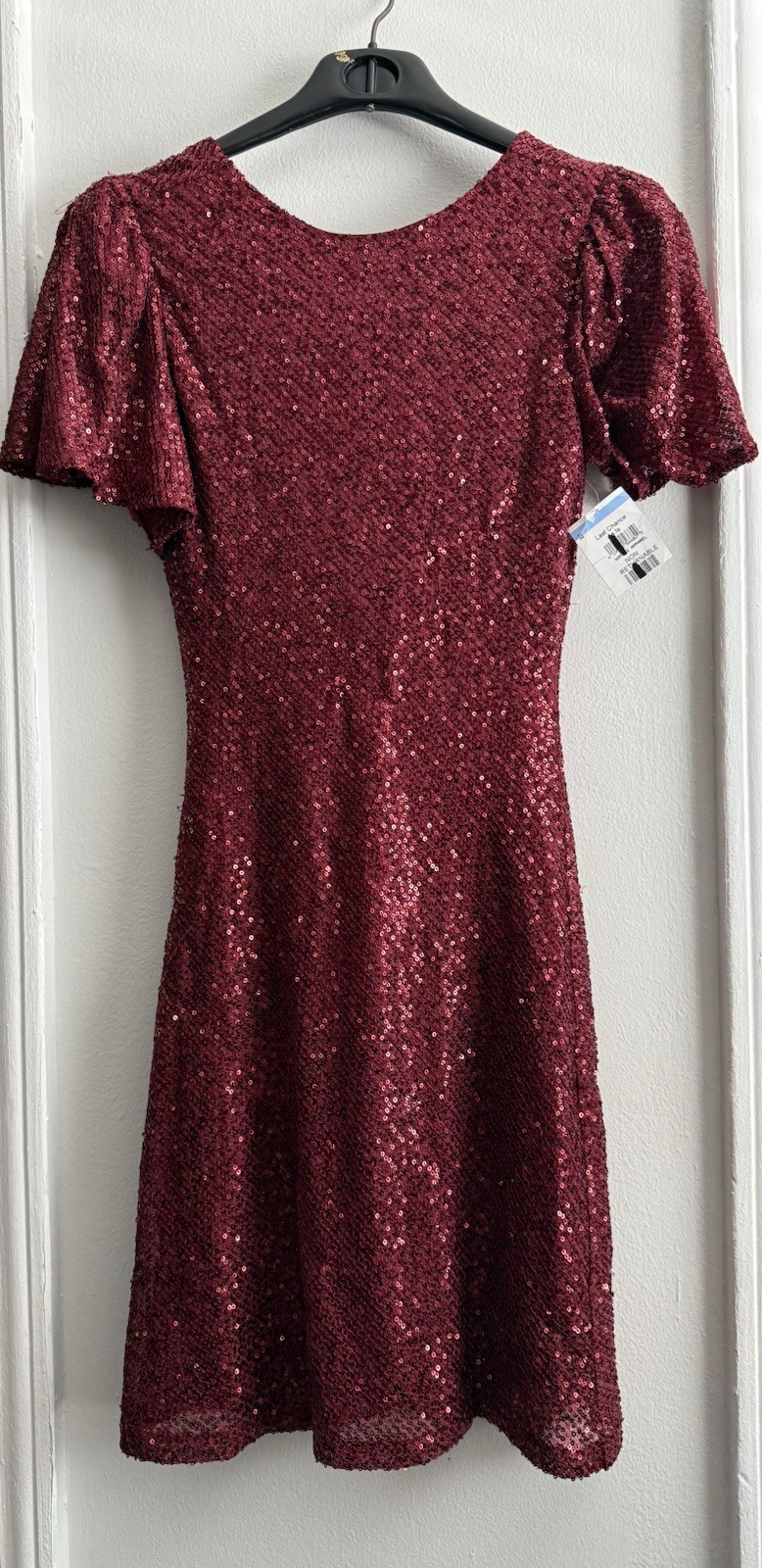 ASTR The Label Wine Sequin Crew Neck Flutter Sleeve Drape Back Mini Dress XS