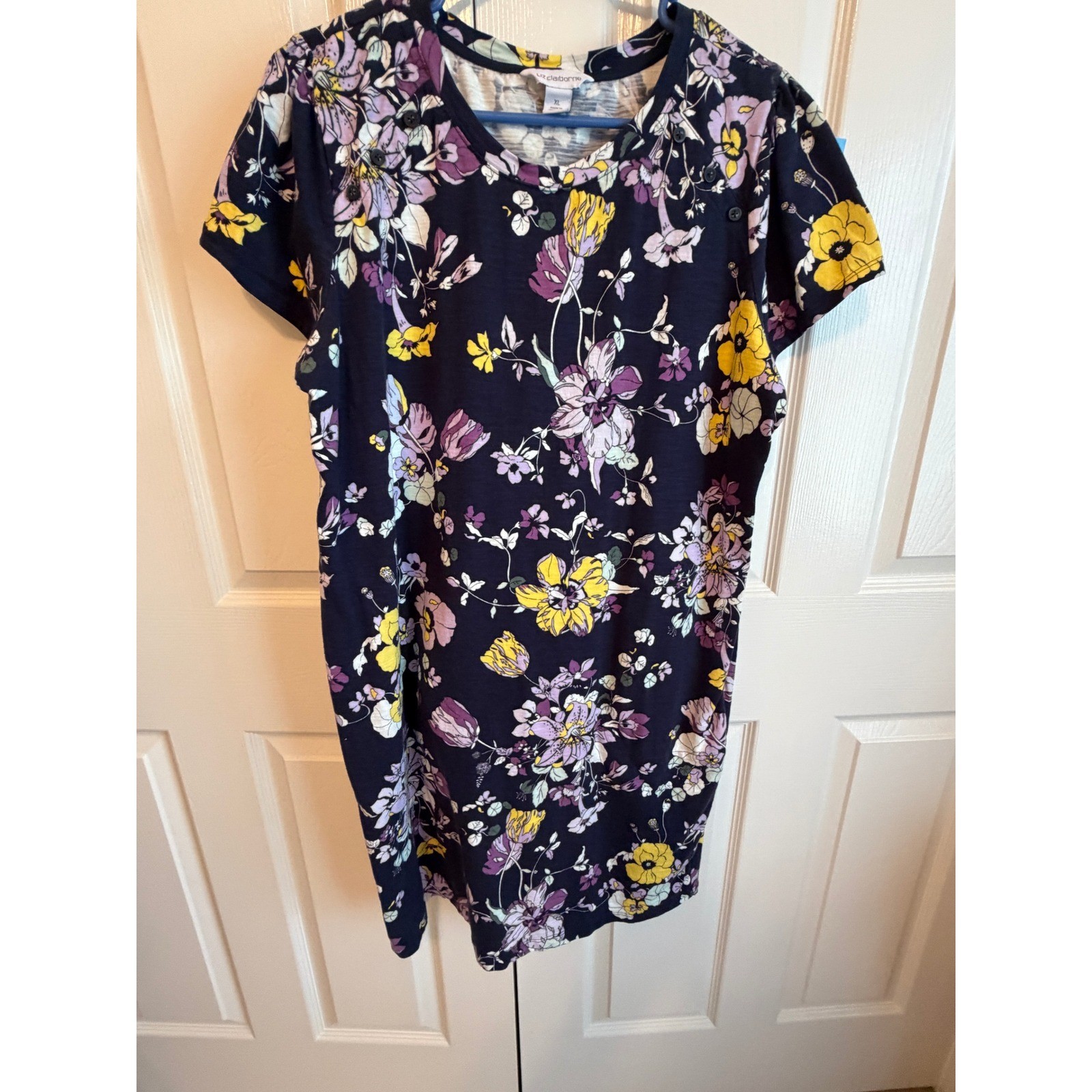 Liz Claiborne Womens XL Navy Floral Cotton T-Shirt Dress Short Sleeve Pocket