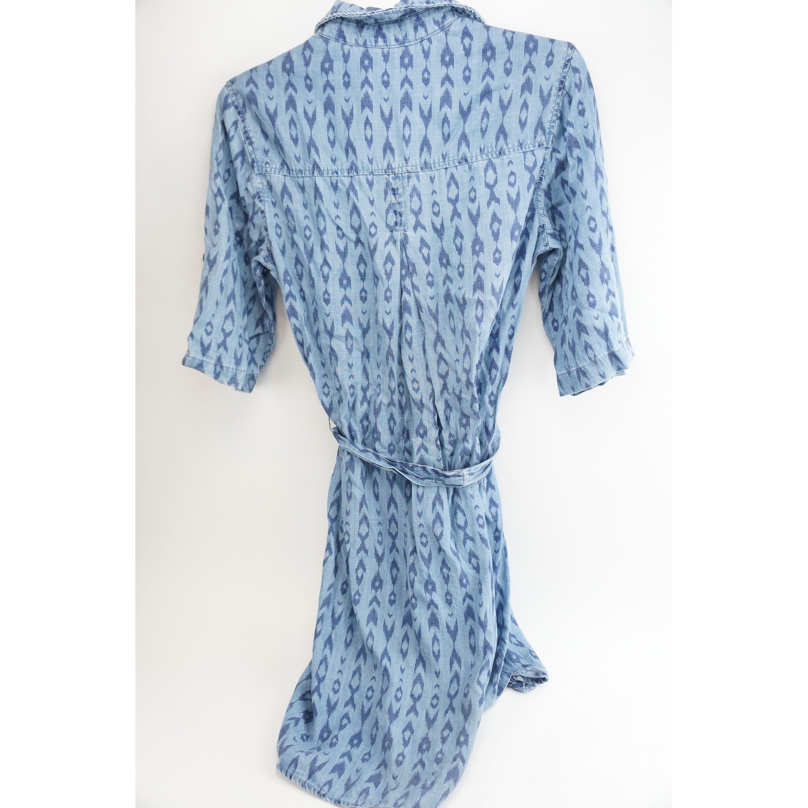 Cloth & Stone Shirt Dress Womens S Blue Ikat Tencel Button Front Belted EUC