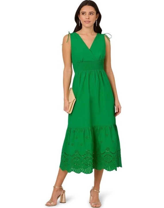 Adrianna Papell Smocked Waist Tie Sleeve Eyelet Cotton Sundress Kelly Green NWT