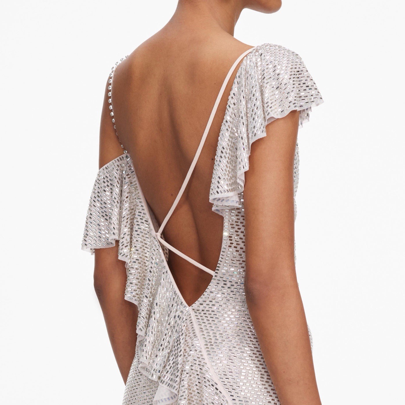 Self Portrait CHAMPAGNE RHINESTONE RUFFLE DRAPED DRESS $ 1030 Size US 0 UK 4