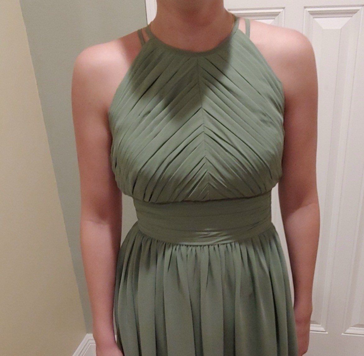 Bill Levkoff High Neck Cut Out Back Ruch Waist (Sage Green)-Sz 2-MRSP $199