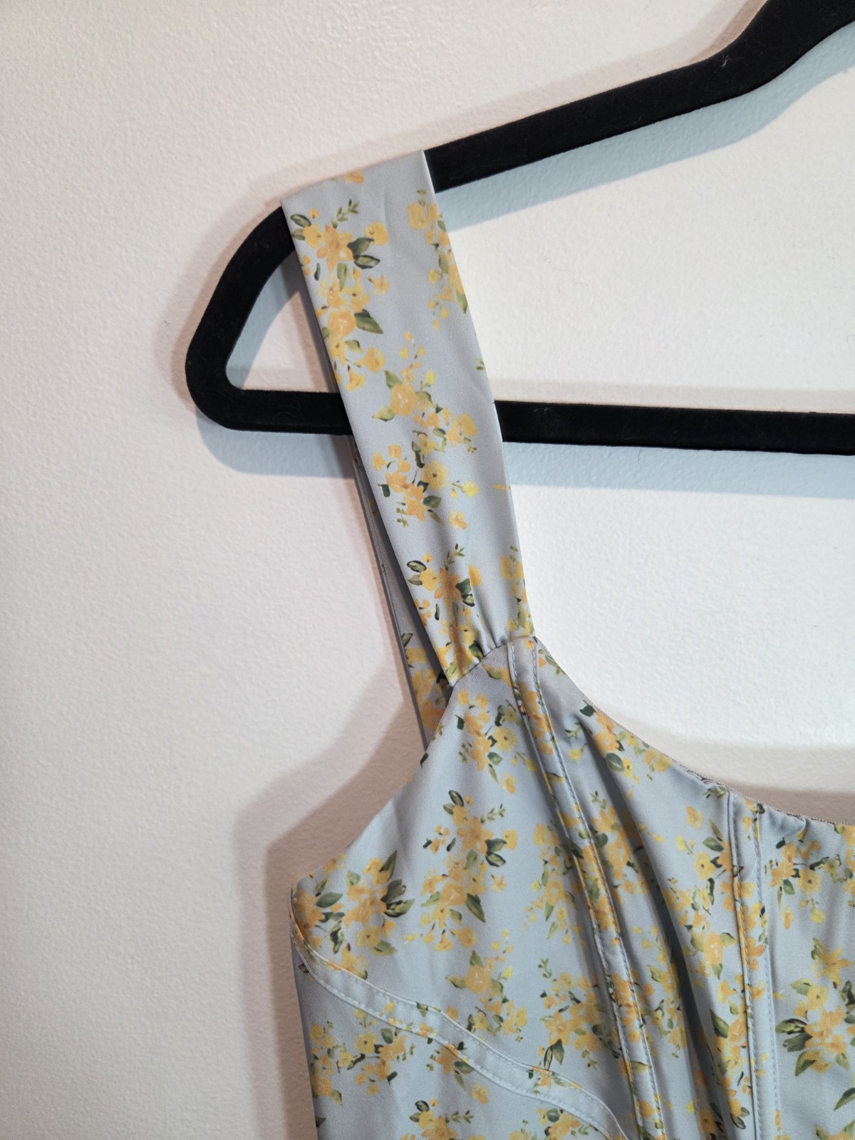 UNBRANDED Size L Blue/Yellow Floral Square Neck Corset Back Lace Up Midi Dress