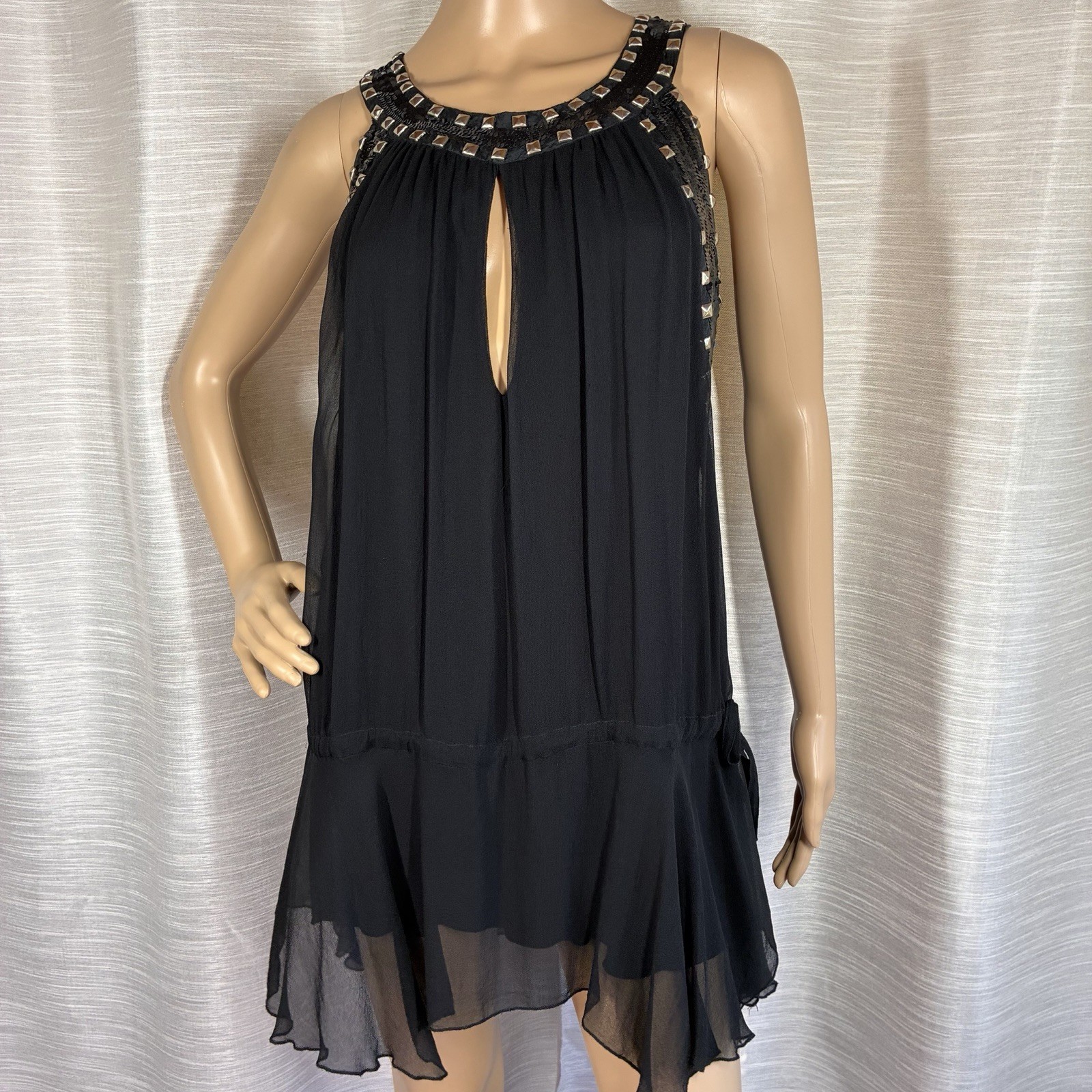 Hannah Jo Silk Mini Dress Size M Black Studded Sequin Embellished Keyhole Grunge
