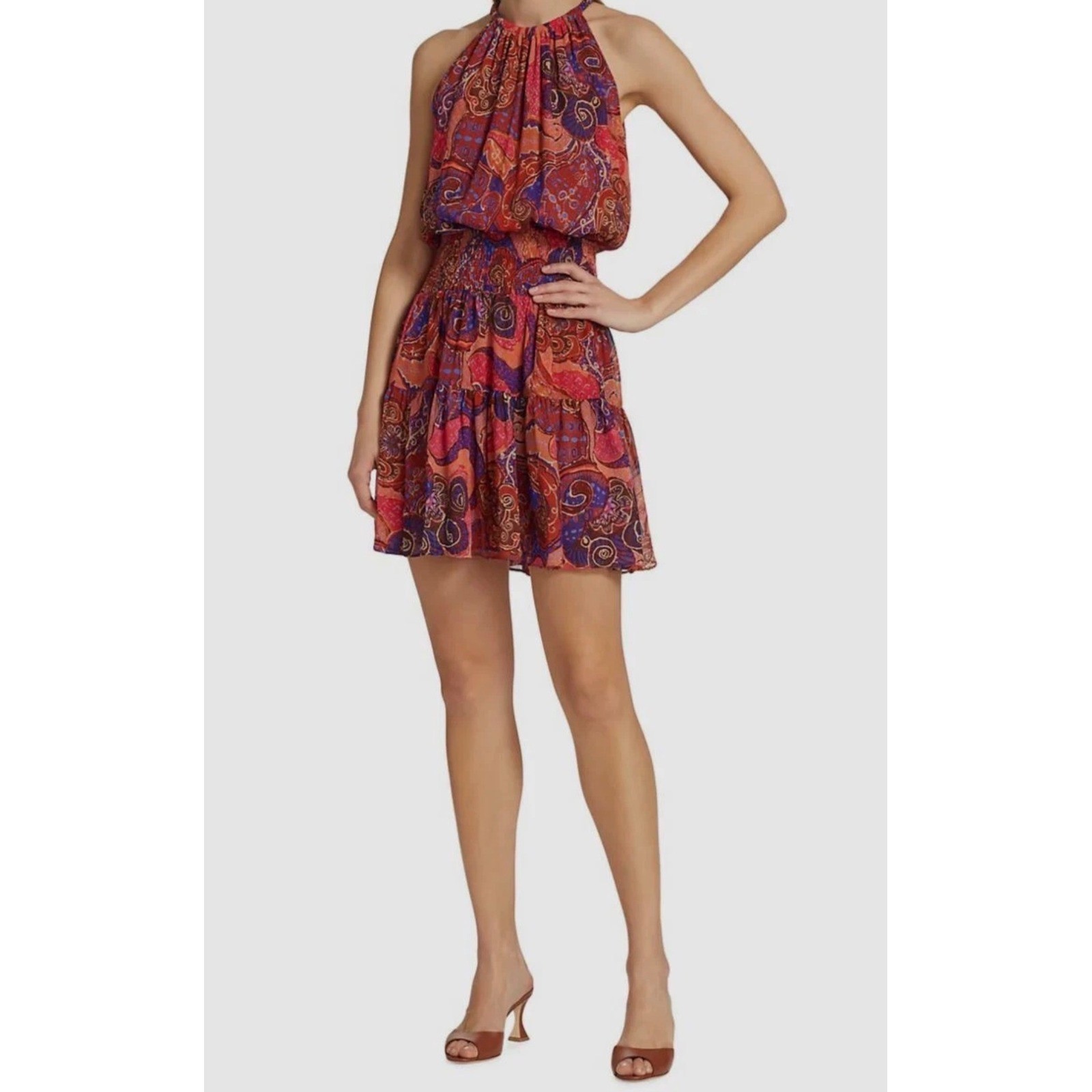 ALC Cory Silk Mini Dress Paisley Halter Smocked Waist Tiered Ruffle Orange Red 6