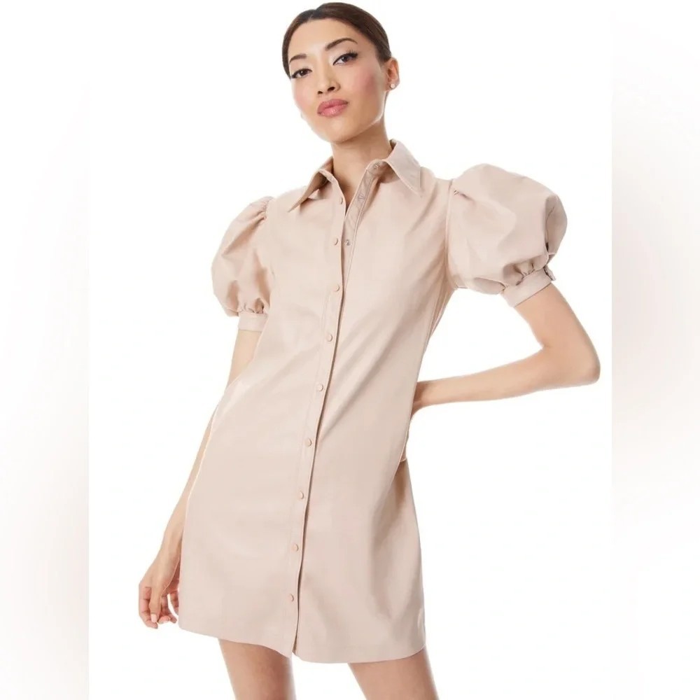 ALICE + OLIVIA JEM VEGAN LEATHER PUFF SLEEVE DRESS BLACK SIZE S