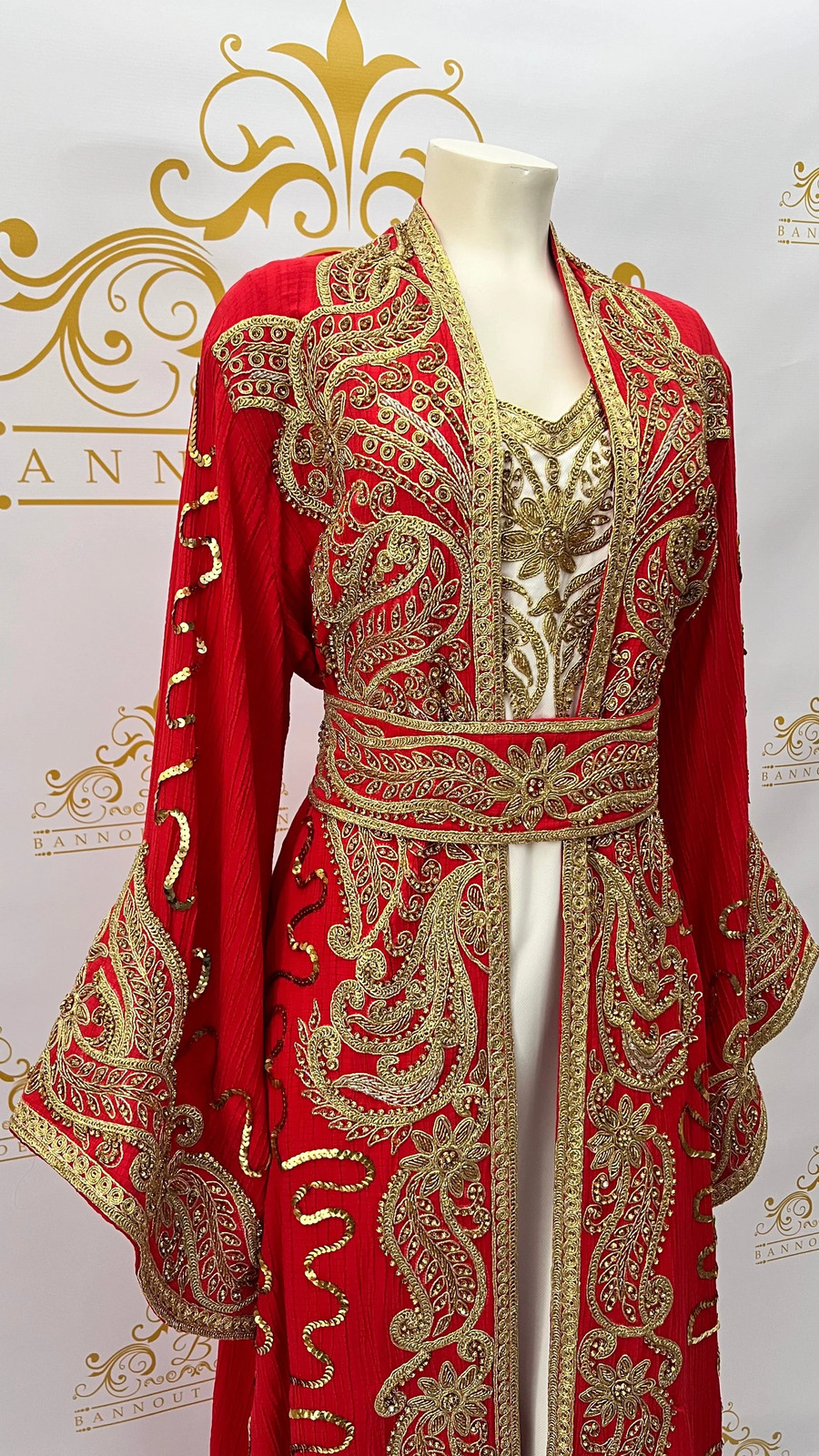 Kaftan Caftan Abaya Dress Golden Embroidery & Beads Paisley Design Long Sleeve