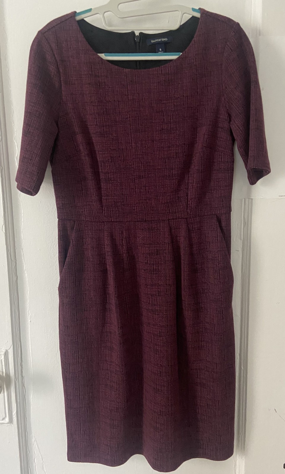 Lands End 1/2 Sleeve, Knee-length Sheath Dress with Pockets, Plum, Size 6