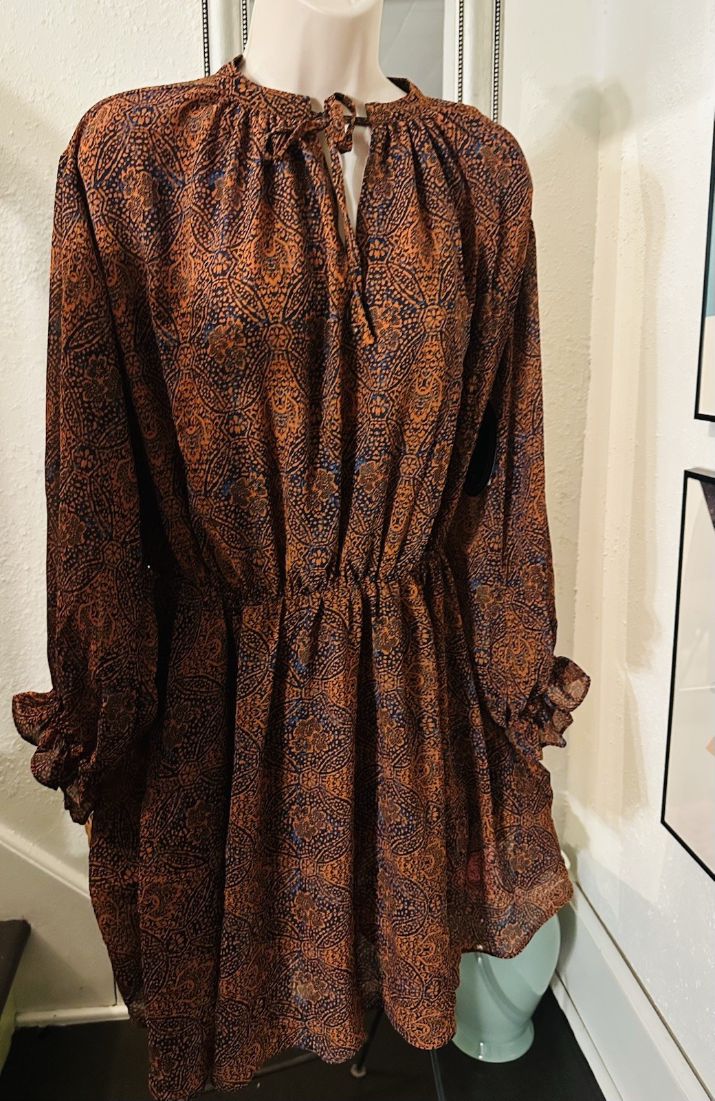Scoop V Neck Semi Sheer Long Sleeve Chiffon Dress with Elastic Waist NWT M